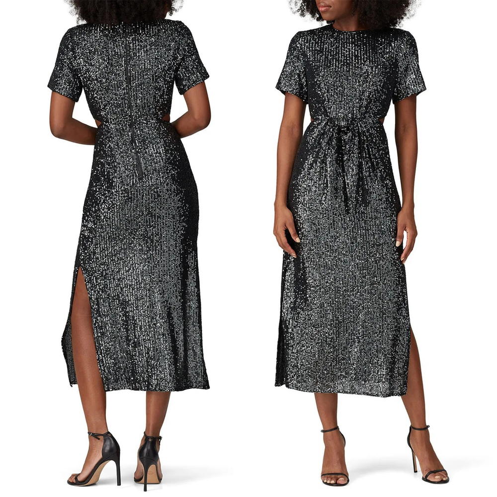 C/MEO COLLECTIVE Lustre Midi Dress Black Silver Sequin Sparkly $200 - Size S